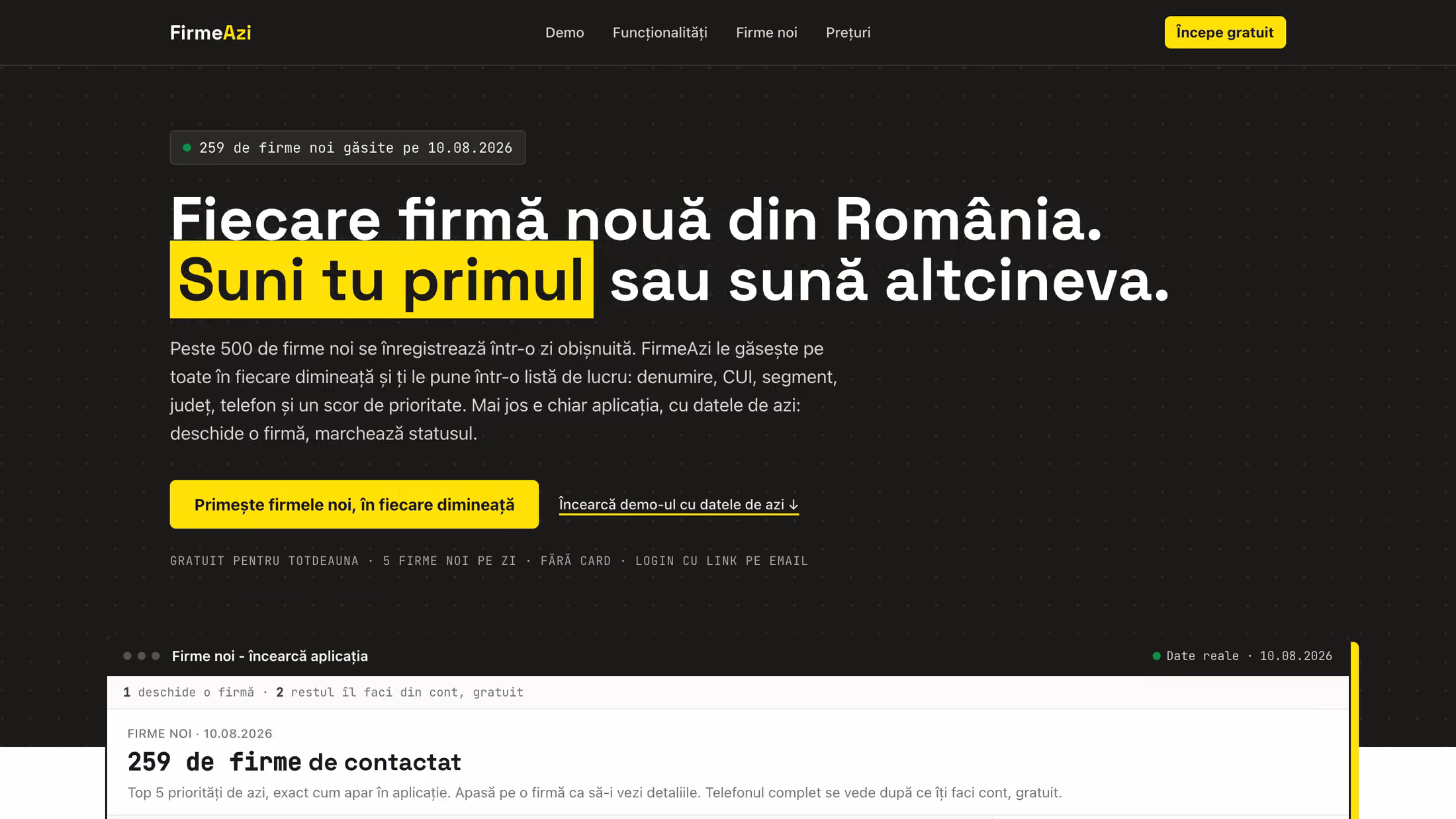 The Firme Azi interface: a daily feed of newly registered romanian companies, scored and segmented for the people whose job is to call them first.