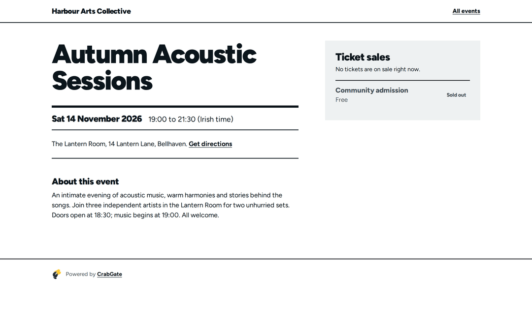 Pagina publică CrabGate a evenimentului fictiv Autumn Acoustic Sessions, vineri 13 noiembrie 2026, la The Lantern Room, cu intrarea gratuită epuizată.
