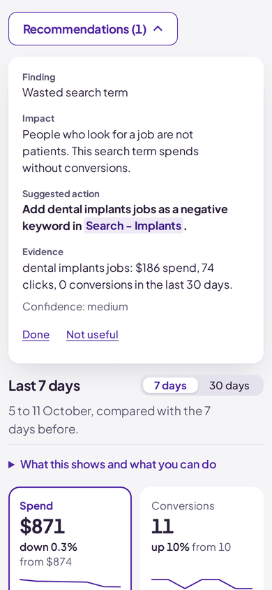A KeySend recommendation on a phone: a wasted search term, its impact, the suggested negative keyword and the evidence behind it, with a confidence level.