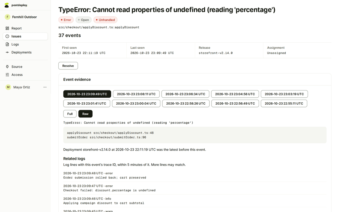 Pagina PostDeploy a unei erori TypeError din checkout-ul unui magazin fictiv: 37 de evenimente, prima și ultima apariție, versiunea, stack trace-ul, deploy-ul care rula și logurile asociate.