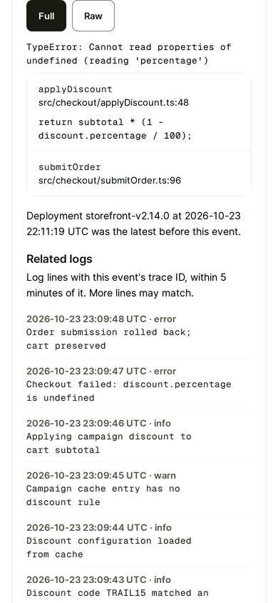 The same PostDeploy issue on a phone: the stack trace with the failing line of code, the deployment that was live and the first related log lines.