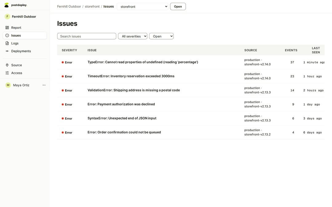 PostDeploy issue list for a fictional storefront: six open errors with their release, event counts and when each was last seen, from a minute to six days ago.